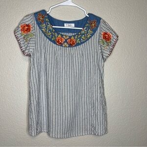 THML Anthropologie Floral Embroidered White Blue Striped Women's Top Size Small